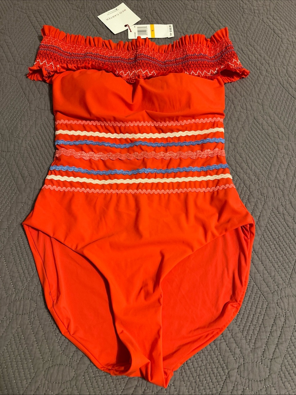 Red Carter Red One-Piece smocked off the shoulder sz.S New!